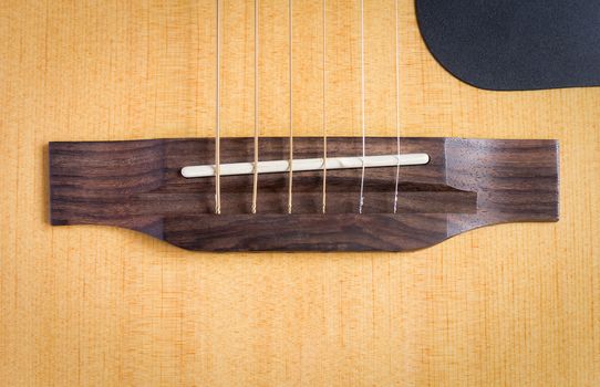 Wood Bridge and Plastic Saddle and String and Pickguard of Acoustic Guitar in Natural Light