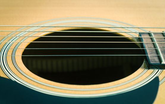 Sound Hole and Acoustic Guitar String and Pickguard and Fingerboard and Fret in Close Up View