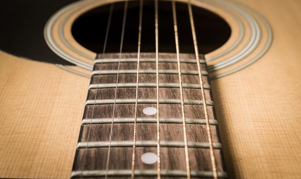 Fingerboard and Inlay and Old Acoustic Guitar String with Sound Hole and Pickguard