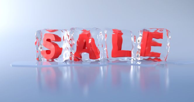 The word "sale" is in an ice cube on a light blue backdrop. 