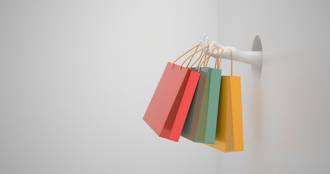 3d rendering of white hand and shopping bag.