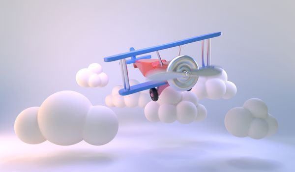 3d rendering of toy airplane and clouds.