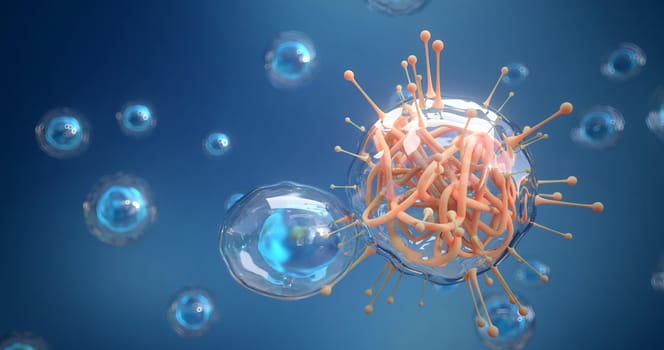 3d rendering of virus and cell.