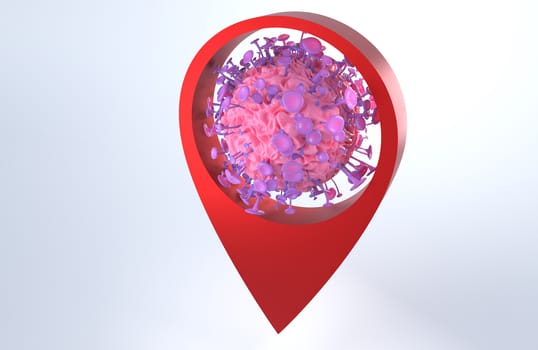 3d rendering of virus and location icon.