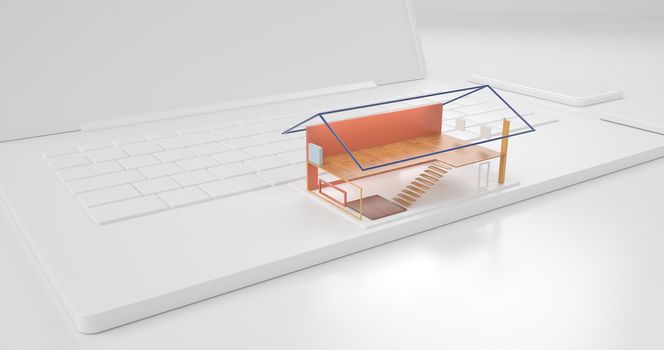 3d rendering of white laptop and home structure.