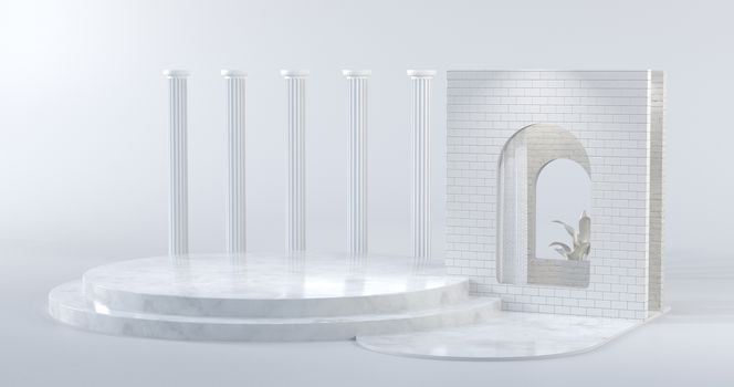 3d rendering of marble podium and Greek columns.
