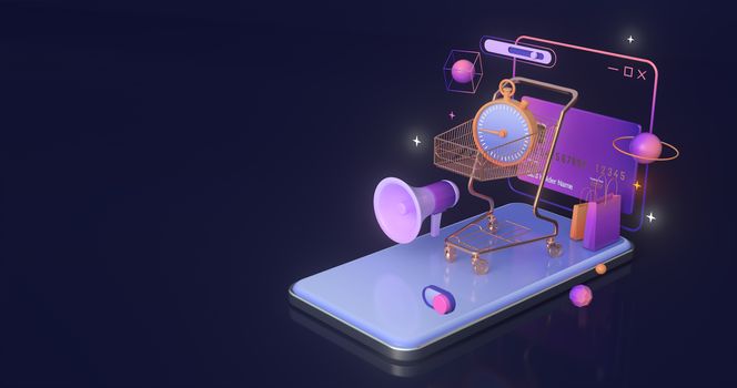 3d rendering of shopping cart and smartphone.