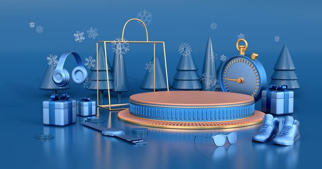 3d rendering of golden podium and Christmas tree.