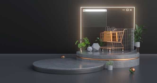 3d rendering of shopping cart and concrete podium.
