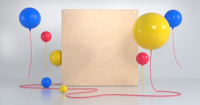 3d rendering of balloon and wood square.
