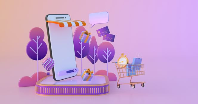 3d rendering of shopping cart and smartphone.
