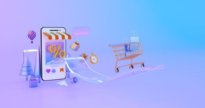 3d rendering of gold shopping cart with smartphone.
