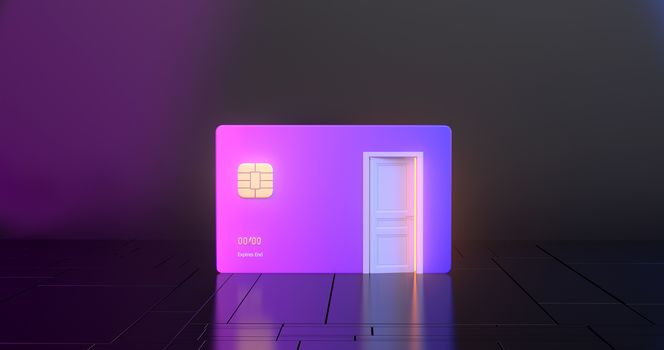 3d rendering credit card and white door.
