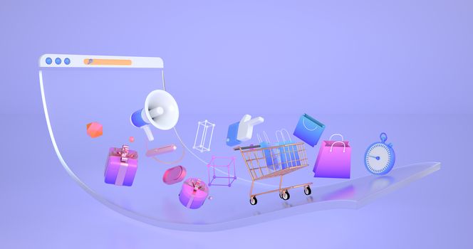 3d rendering of website and shopping cart.