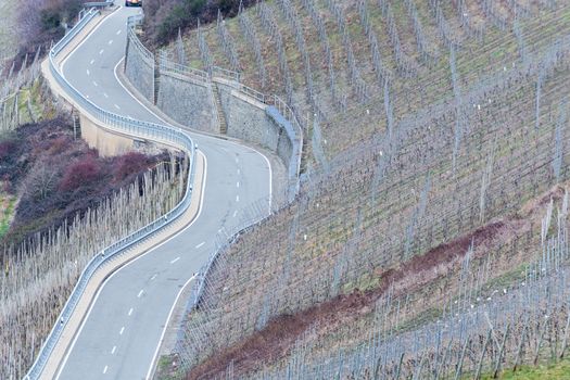 Winding Road through the vineyards on the Mosel in Germany.