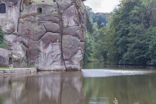 Beautiful rocky landscape with unique Mystic rock formation in a dramatic sky.