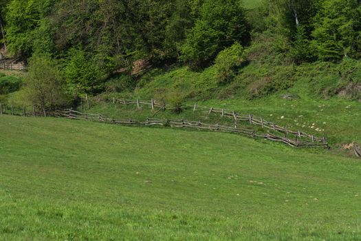 Panorama of a typical alpine meadow with wood fence.
Mountain and valley