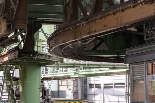 The supporting framework of the Wuppertaler suspension railway consists of a steel framework with inclined supports and suspended steel bridges so-called Rieppelträger. 