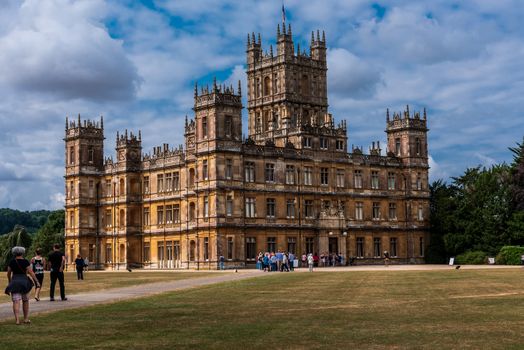 Newbury, England -- July 18, 2018. Tourists are lining up outside Highclere Castle, where Downton Abbey is filmed, for a tour.