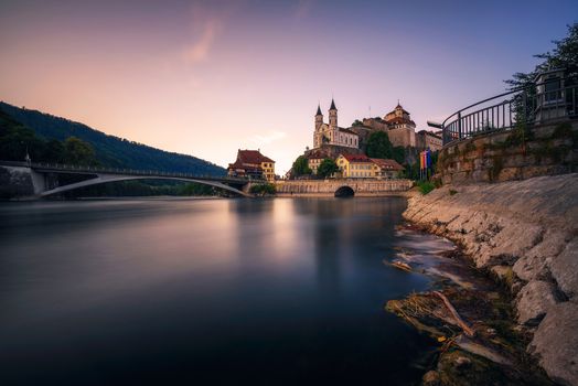 Medieval Aarburg Castle and the Aare river in the canton of Aargau in Switzerland. Long exposure.