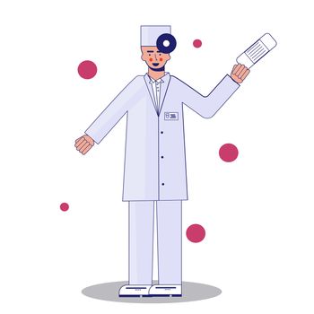 Young professional doctor in mask waving hand. Medical worker. Hospital staff. Cartoon character on white background. illustration