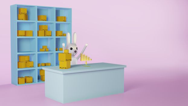 Rabbit worker raise hands glad with profit of sales and sitting at desk in home office have postage box in cabinet as background with copy space. Business and finance online sale concept 3d rendering.