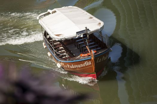 PADOVA, ITALY 17 JULY 2020: Padovanella: a boat who browse the rivers in Padua for touristic trips