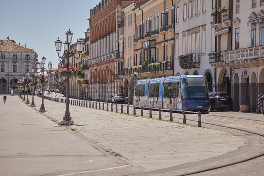 PADOVA, ITALY 17 JULY 2020: A tram goes through the street of Padua in Italy