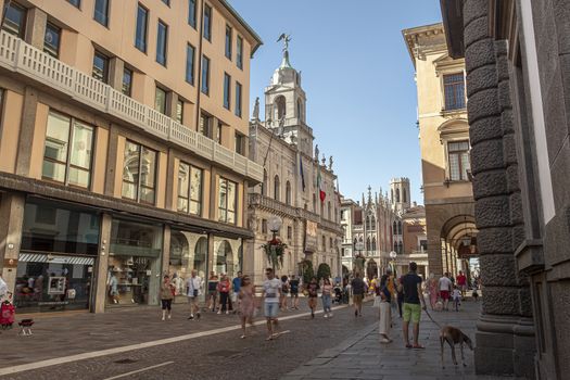 Piazza Cavour in Padua in Italy with people walking on the streetPADOVA, ITALY 17 JULY 2020:
