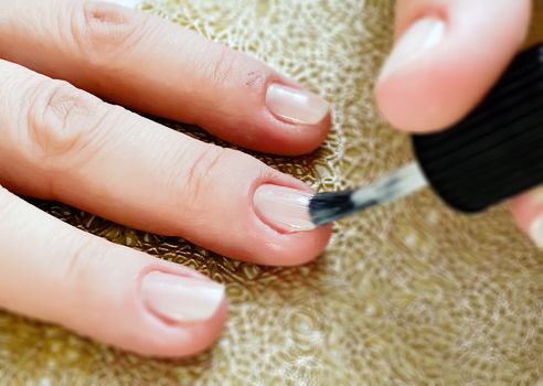 Hands of a female applying transparent nail polish on the nails with a black brush. Manicure and personal care