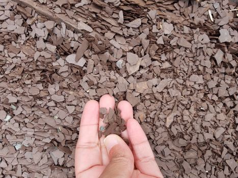 female hand holding broken brown rocks or stones