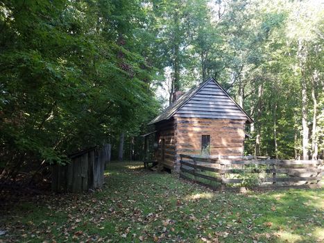 old log cabin with garden and wood shed and grass