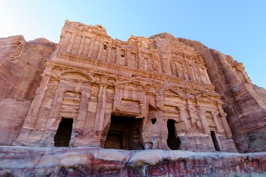 Stone carved facade of the Royal Tomb, a famous landmark and viewpoint in World Heritage site of Petra, Jordan, Middle East
