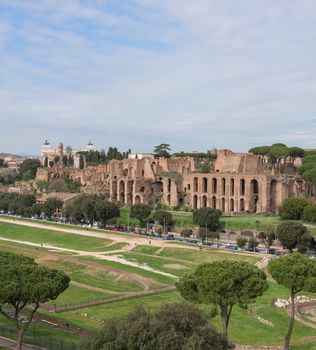 View of the ancient Roman Circo Massimo hippodrome theater, with the ruins of the palace of Domitian on the Palatine Hill, in Rome, Italy