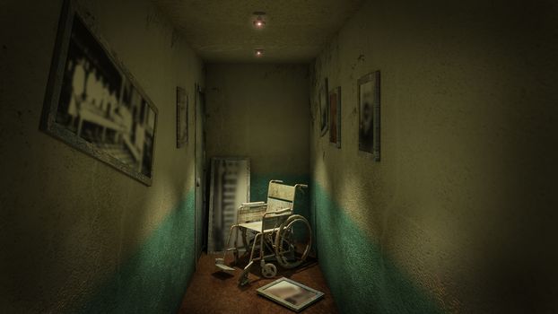 Horror and creepy walk way and wheelchair in front of the examination room in the hospital.3D rendering
