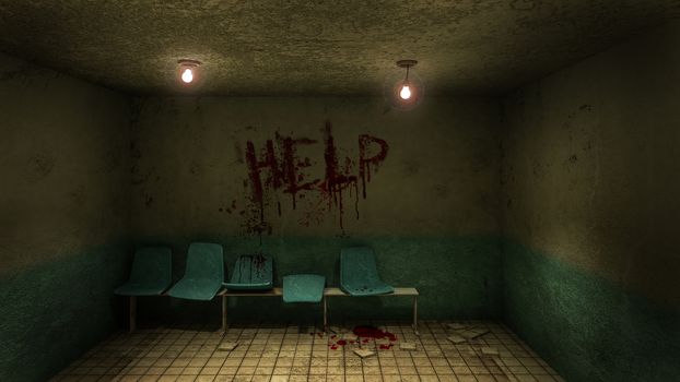 Horror and creepy seat waiting in front of the examination room in the hospital and help Blood .3D rendering