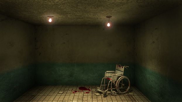 Horror and creepy front of the examination room and wheelchair in the hospital.3D rendering