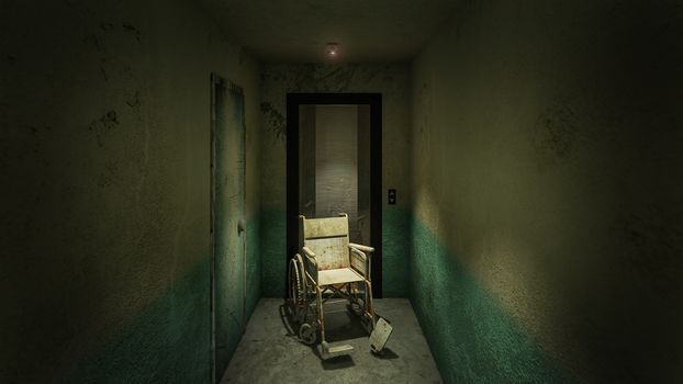 horror and creepy lift with wheelchair in the hospital .3D rendering