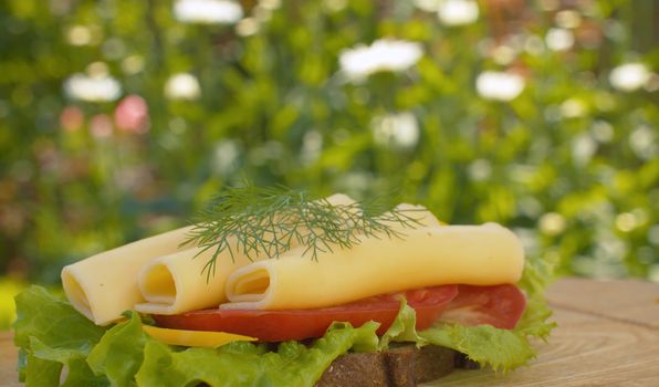 Close up sandwich with cheese, lettuce and tomato on wooden cutting board slowly rotating on blurry natural background outdoors. Snack in the garden.