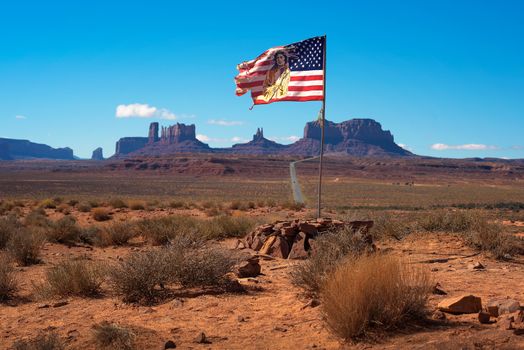 Navajo - American flag in Monument Valley located near the Forrest Gump Point of US Highway 163.