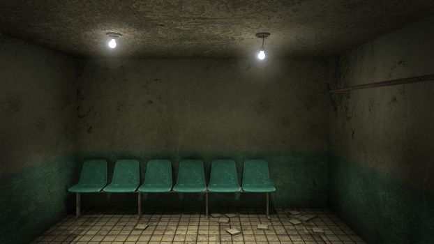 Horror and creepy seat waiting in front of the examination room in the hospital .3D rendering