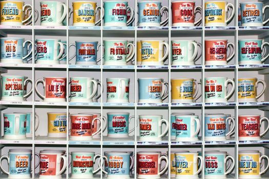 Llanarthne, Wales, UK – January 19, 2017:  Coffee mugs on display for sale at the Botanic gardens of Wales stock photo