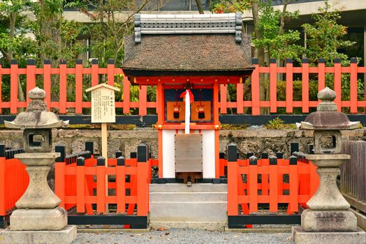 KYOTO, JP - APRIL 10 - Fushimi Inari Taisha shrine on April 10, 2017 in Kyoto, Japan. Fushimi Inari was dedicated to the gods of rice and sake by the Hata family in the 8th century.