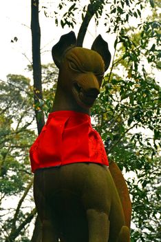 KYOTO, JP - APRIL 10 - Fushimi Inari Taisha fox statue on April 10, 2017 in Kyoto, Japan. Fushimi Inari was dedicated to the gods of rice and sake by the Hata family in the 8th century.