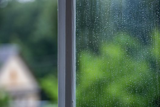 Abstract background of wet window glass with rain water drops. Summer cold green blurred backdrop and selective focus and copy space.