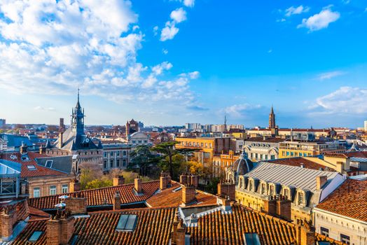 Panorama of the rooftops of the city of Toulouse, from the terrace of a store. In the Haute-Garonne department, in the Occitanie region, in the southwest of France.