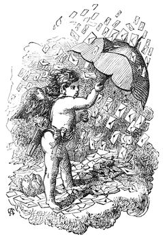 An engraved vintage illustration romance love image of the cherub Eros holding an umbrella as it's raining St Valentine's day cards from a Victorian book dated 1883 that is no longer in copyright
