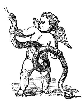 An engraved vintage illustration romance love image of the cherub Eros with a serpent from a Victorian book dated 1856 that is no longer in copyright