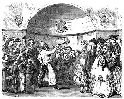 An engraved vintage illustration image of tossing a pancake on Shrove Tuesday at a boys school from a Victorian book dated 1883 that is no longer in copyright