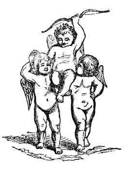 An engraved vintage illustration love romance image of the Eros being held up high by angel cherubs from a Victorian book dated 1856 that is no longer in copyright